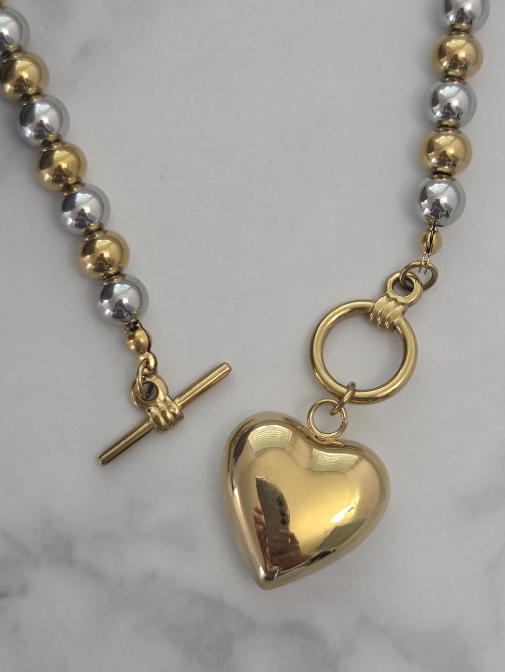 Two Tone Gold Silver Beaded Heart Pendant Toggle Necklace - Picture 9 of 14